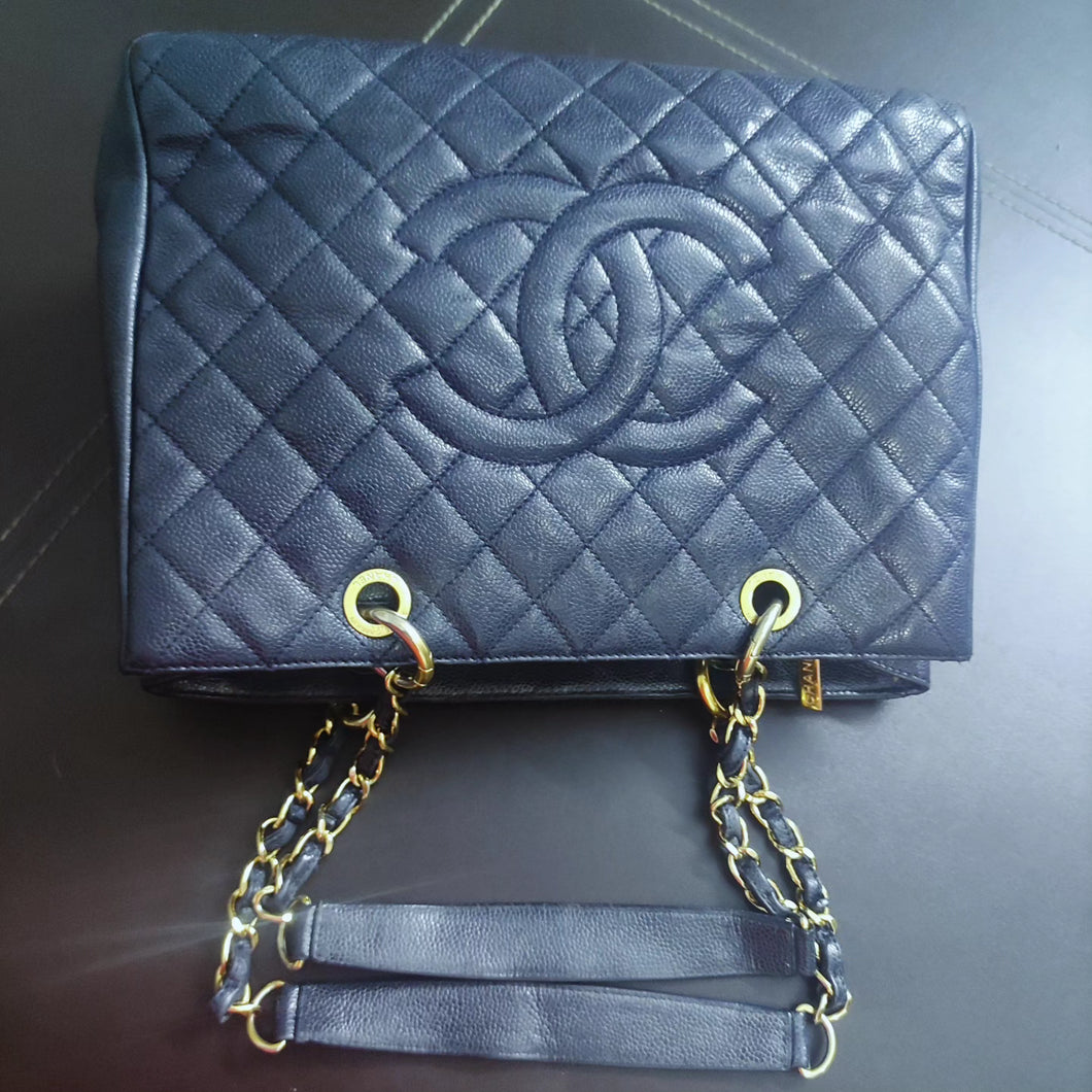 Authentic Chanel GST Grand Shopping Tote Caviar Dark Blue With Gold Hardware