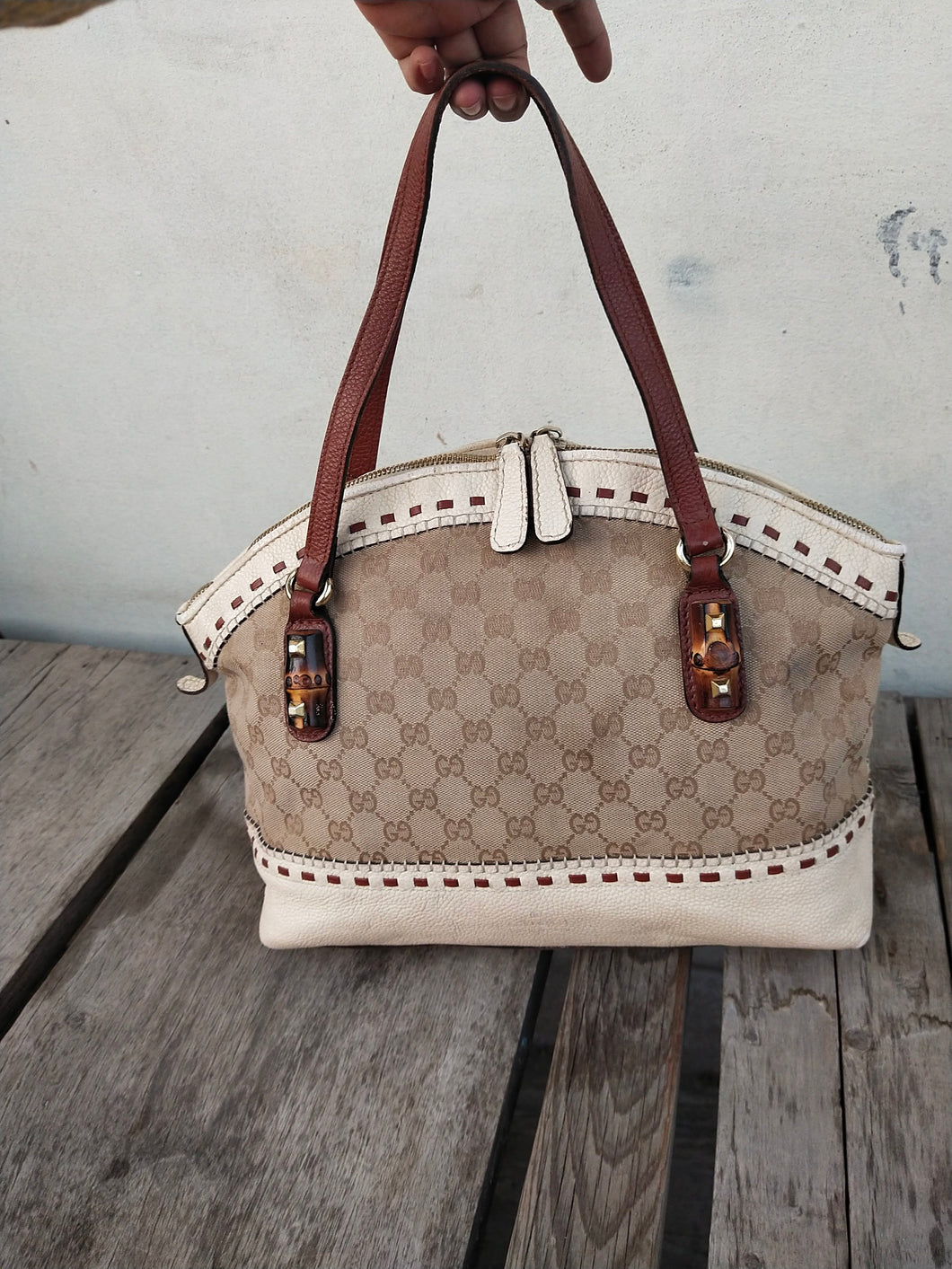 Gucci White Monogram Tote With Bamboo Accent 339002